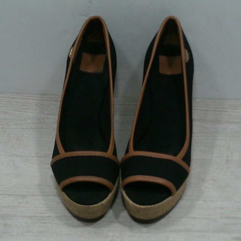 Tory Burch Majorca Peep Toe Wedge Canvas Black Tan Espadrille SZ 38.5 | 8.5 M - Picture 12 of 12